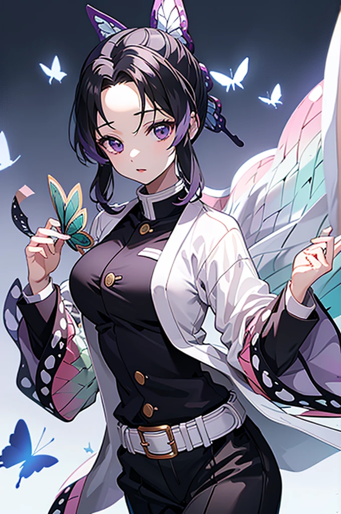 (masterpiece:1.3), (best quality:1.1), (8k, ultra detailed, ultra high res:1.2), ((anime style)), perfect 5 fingers, perfect anatomy,
1girl,
Shinobu Kochou,
BREAK long hair, wavy hair,
black hair, hair intakes, gradient hair,
purple eyes,
bow in hair, butterfly,
large breasts,
BREAK black shirt, black tethered pants, white haori,
looking at viewer,
cowboy shot,
perfect light,