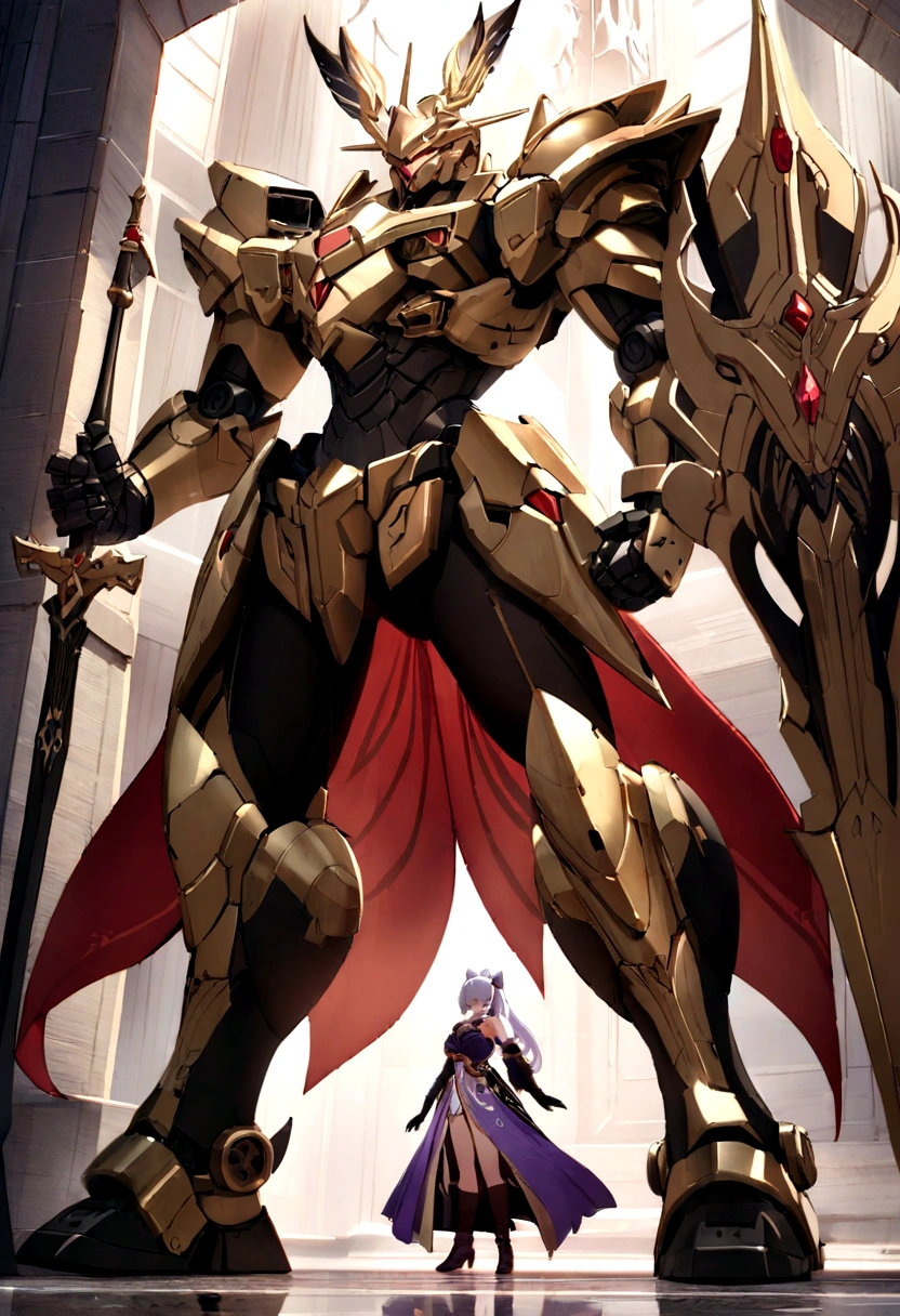 super wide plan, frontal full body photo,mecha male warrior，The Heroic Behavior of the Color of the Three Kingdomech: Red & Dark Series》，（《Romance of the Three Kingdoms》，《Lu that》，Holding Fang Tian&#39;s halberd in his hand，），（Mecha de corpo inteiro）, keqing do impacto genshin, (work of art) ， a best qualityer， high qualiy，gold armour，film lighting， （Exquisite future）， beautiful and gorgeous， ultra detaild， great composition， floating， Depth of field， （Very detailed CG，unity wallpaper 8k）， （beautiful detail background）， dramatic lights， GOGETTA， mecha，best qualityer，Ultra-alto 8K Ultra HD，digital SLR camera，high qualiy，Film grain resolution