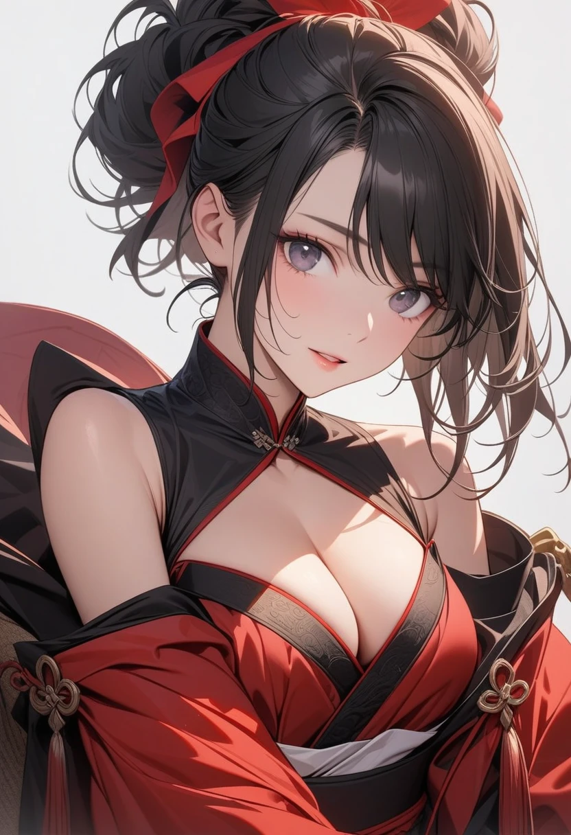 Charming woman,Black long hair,Hair up,Red Hanfu,Cleavage,Show your shoulders,,Extremely detailed,high resolution,Simple background