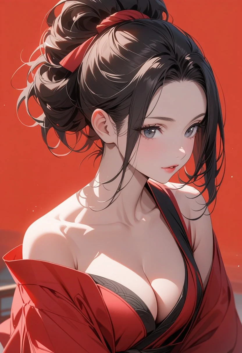 Charming woman,Black long hair,Hair up,Red Hanfu,Cleavage,Show your shoulders,,Extremely detailed,high resolution,Simple background