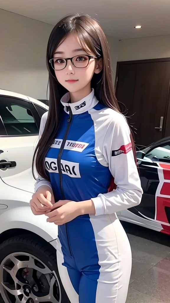 girl 18-year-old Hairstyle Casual, with glasses wearing racing suit in pit room