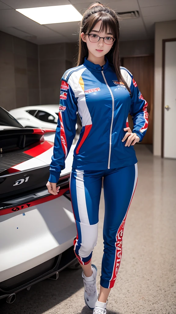 girl 18-year-old Hairstyle Casual,  with glasses wearing racing suit in pit room 