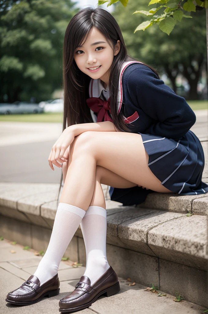 Pure Japanese school girl, sexual attractive, sweet temptation, outstanding body, beautiful legs, wearing uniform, high socks, loafers, (panty), natural long hair, sweet smile, sitting, refreshing in early summer, park, professional portrait photography, composition from the front,