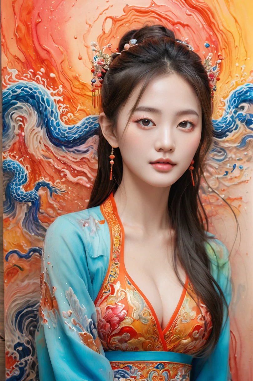 Colorful, multiple colors, intricate detail, splash screen, photorealistic, intricately detailed fluid gouache painting, calligraphy, acrylic, watercolor art,
masterpiece, best quality, 1girl,  chinese,cleavage