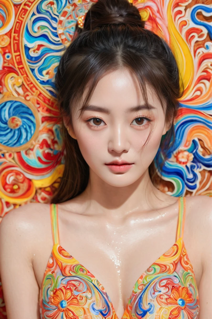 Colorful, multiple colors, intricate detail, splash screen, photorealistic, intricately detailed fluid gouache painting, calligraphy, acrylic, watercolor art,
masterpiece, best quality, 1girl, chinese,cleavage