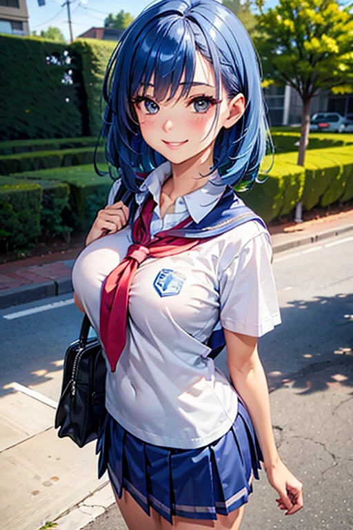 best quality, (masterpiece:1.3), absurdres, high resolution,16k, ultra high res, official art, illustration,extremely detailed, 1girl, solo, 20yo,
delicate lines tailed face, (bob hair:1.1), (beautiful blue hair:1.2), (shiny hair:1.2), (beautiful gray eyes:1.2), (shiny eyes:1.2), (medium breasts), (gleaming skin:1.4),
looking at viewer, simple background, cowboy shot, smile, standing, (school uniform:1.5)