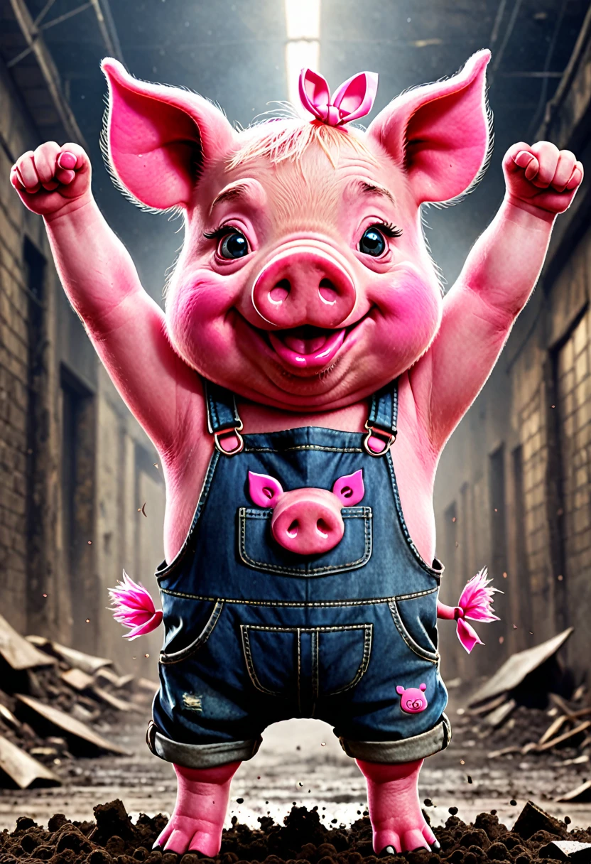 cute pink pig, cartoon,arms, hands ,cute eyes, big pig ears,looking at viewer, arms up, dirty effects, particles, random, dirty background, clothes, dirty