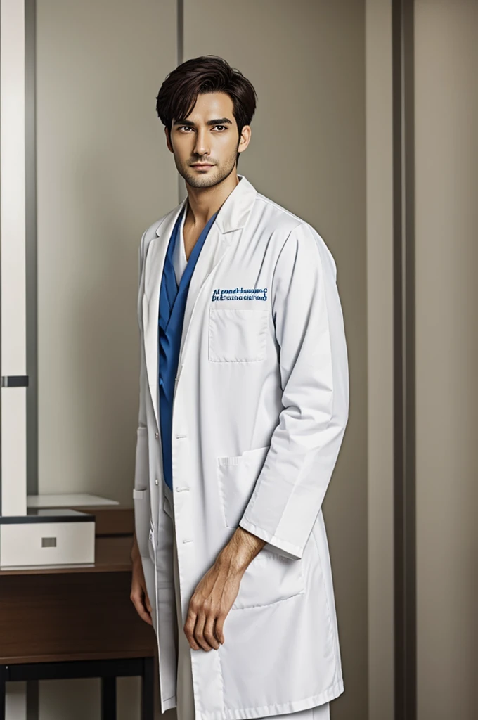 High quality, Masterpiece, 25 age old，Anime male doctor，Brown bottom cut, Handsome and tall, wearing a white doctor's robe，Black trousers, Reveal a serious expression, Stand in the hospital office, Close-up of the bust.