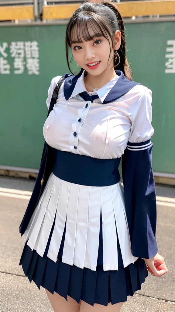 Very detailed、masterpiece、Highest quality、Ultra-high resolution、8K High Resolution、Photogenic transparency、Detailed eyes、Gradation、Perfect anatomical figure ,hard disk、Hmph , Nikon Z9 80mm Lens , Tabletop、Street in front of Tokyo Station、Standing model、shirt、(school uniform:1.5)、(((Skirts must be worn)))、(((Lift the hem of a skirt)))、Panty Focus、Too bright natural light、sunlight、(((While standing, She lifts her skirt to show her pussy to the camera.)))、(((Beautiful and white teeth)))、(((Raise your skirt higher and higher,Show your pussy to the camera)))、Ultra slim body、(Big Breasts:1.7)、Slim model body shape、Beautiful posture、Wearing a collar、Earrings、Earrings、((Navy Blue Skirt))、crowd、Erect nipples、ponytail、shaved pussy,Thin eyebrows