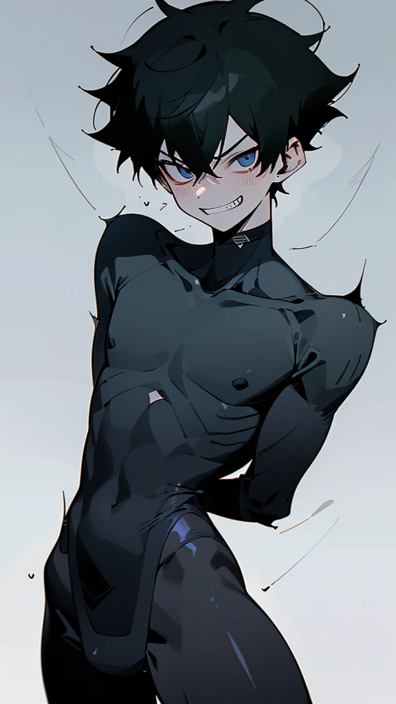 ,(((masterpiece))), ((((((best quality)))))),slim:1.3,(rubber:1.3),spandex:1.3,((pure black zentai:1.2)),(youthful physique:1.3), ((perfect body structure:1.4)),no muscle:1.3, protruding crotch, slender, balanced composition,((expressive lines:1.3)), minimalistic beauty,((Ebitendon:1.4)),(anime boy:1.3),wholesome,minimalistic,((anime style:1.4)), megaman,(tied to bed),white background:1.2,venom,((twink:1.4)),perfect face, ((finedetail)),(cinematic lighting),((8k_wallpaper)),(((highres))),,(short hair),((male:1.6)),(((male face:1.2))), The image depicts a young boy,
(((((male focus))))) ,1boy,boy,clear shape,((Asian boy)),(depth_of_field),((soft and clear lines)),grim, (evil grin:1.4),solo,(arms behind back:1.2),(black eye bags),solo,(black),horny, corruption,corrupted,villain, Dark, Sinister, Malevolent, Cruel, Ruthless, Vicious, Deceptive, Treacherous,Merciless, Sadistic, Malicious, Nefarious,Wicked, Insidious, Bags under eyes,((dark:1.2)),((male body:1.3)),(muscleless:1.2),jock,heavy breathing,caelus,midoriya izuku,dark hair,dark eyes,(blank eyes), manhwa uke, bettermalebody,