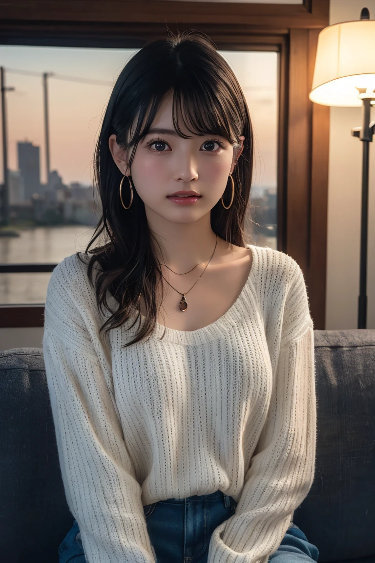 (Highest quality:1.4),(masterpiece:1.4),(Realistic:1.4),(Realistic:1.2),(超High resolution, RAW Photos:1.4),(High resolution, Ultra-detailed:1.2),(8K:1.2),View your viewers,Cinematic photography,One girl,skeletally correct，Black-haired woman，(Small earrings，necklace，Summer knitwear，View from the front),（Western-style building interior，Dimly lit room，The lamplight shines on my cheeks，Sit on the sofa）