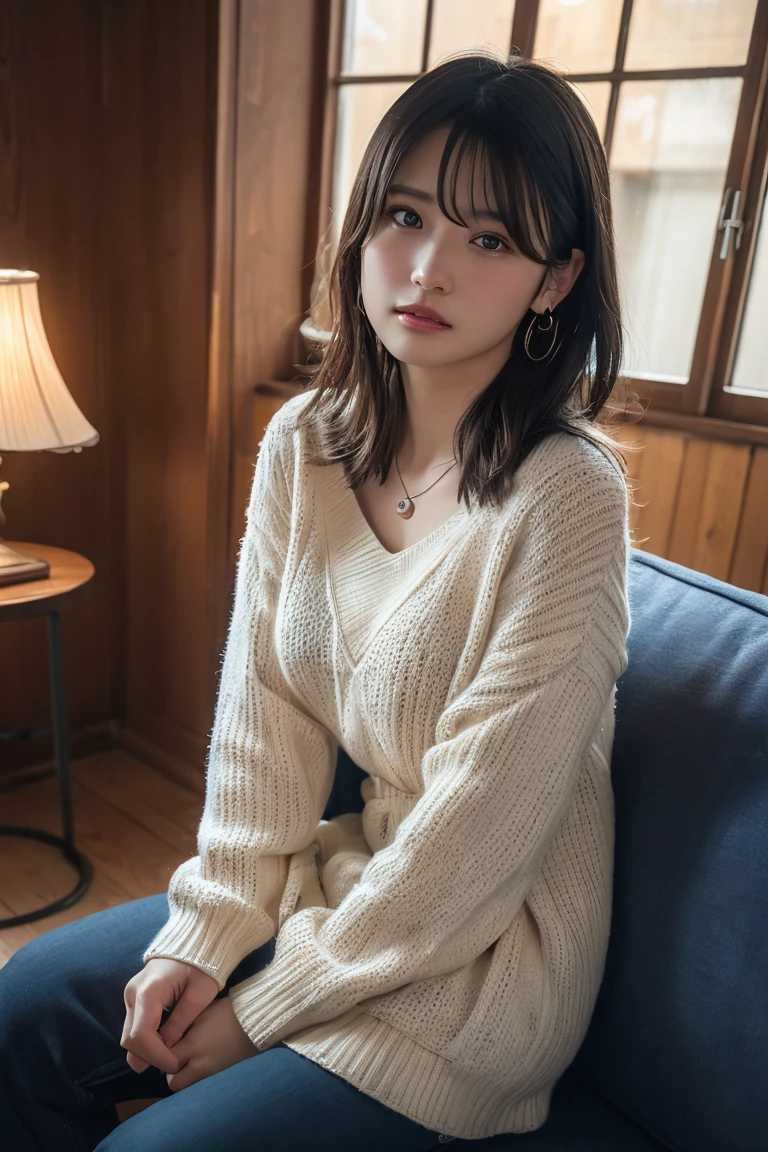 (Highest quality:1.4),(masterpiece:1.4),(Realistic:1.4),(Realistic:1.2),(超High resolution, RAW Photos:1.4),(High resolution, Ultra-detailed:1.2),(8K:1.2),View your viewers,Cinematic photography,One girl,skeletally correct,Black-haired woman,(Small earrings,necklace,Summer knitwear,View from the front),(Western-style building interior,Dimly lit room,The lamplight shines on my cheeks,Sit on the sofa)