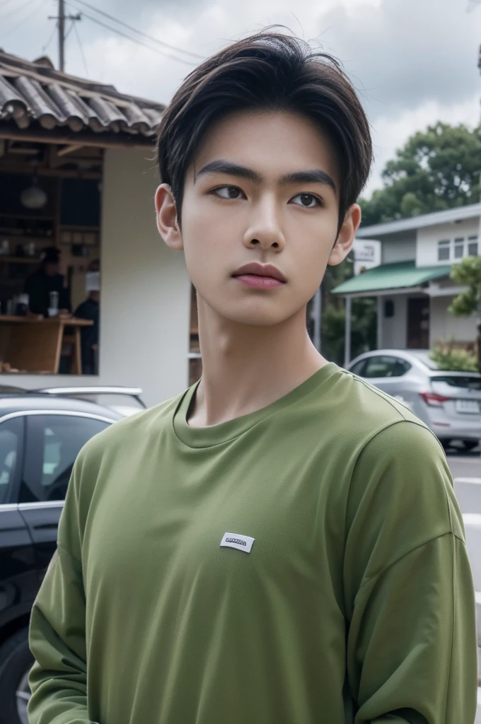 Young man in a green shirt Standing on the roadside with a serious expression, looking into the distance,Eyebrows frowned.,He looked worried.,Turn your head slightly.,Cloudy day, coffee shop