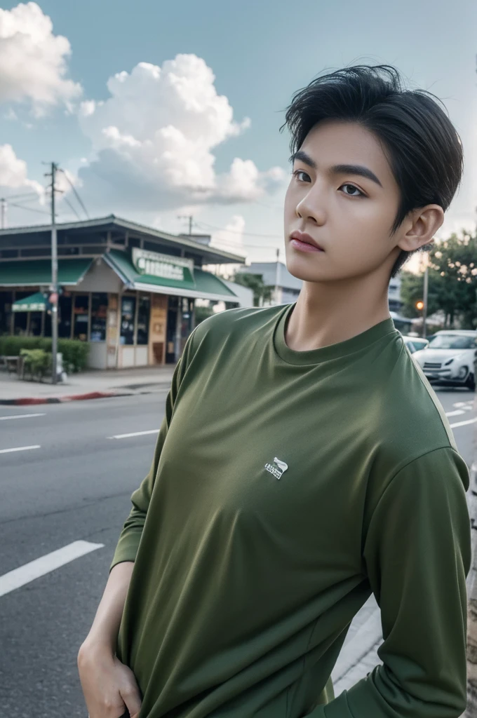 Young man in a green shirt Standing on the roadside with a serious expression, looking into the distance，Eyebrows frowned.，He looked worried.，Turn your head slightly.，Cloudy day, coffee shop