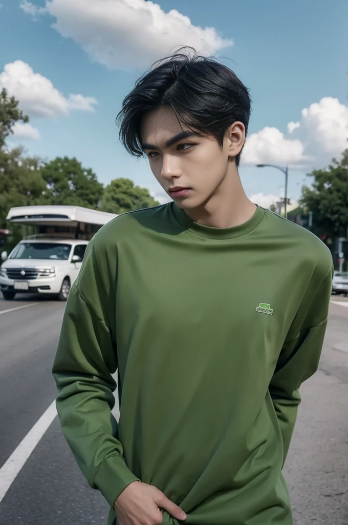 Young man in a green shirt Standing on the roadside with a serious expression, looking into the distance,Eyebrows frowned.,He looked worried.,Turn your head slightly.,Cloudy day, coffee shop