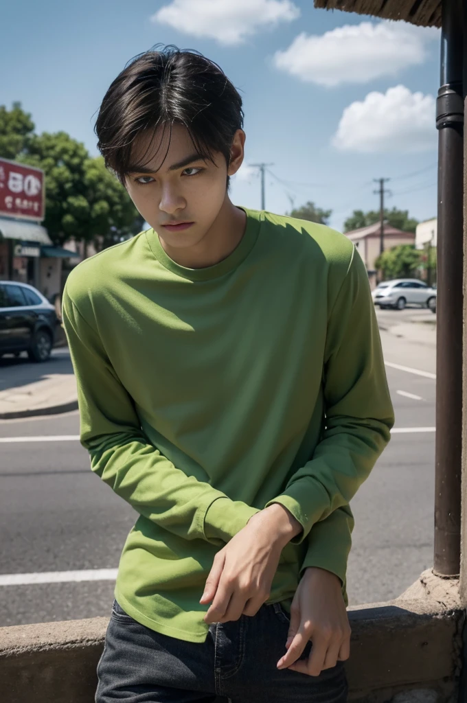 Young man in a green shirt Standing on the roadside with a serious expression, looking into the distance，Eyebrows frowned.，He looked worried.，Turn your head slightly.，Cloudy day, coffee shop
