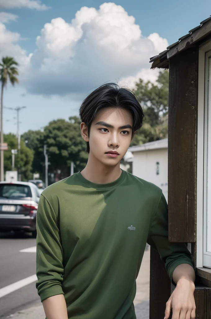 Young man in a green shirt Standing on the roadside with a serious expression, looking into the distance，Eyebrows frowned.，He looked worried.，Turn your head slightly.，Cloudy day, coffee shop