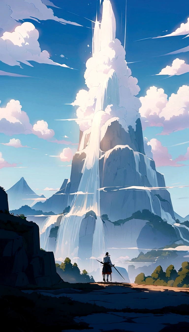 A mountain shrouded in fairy air,Crane,There is a waterfall,Anime style,The back of the swordsman