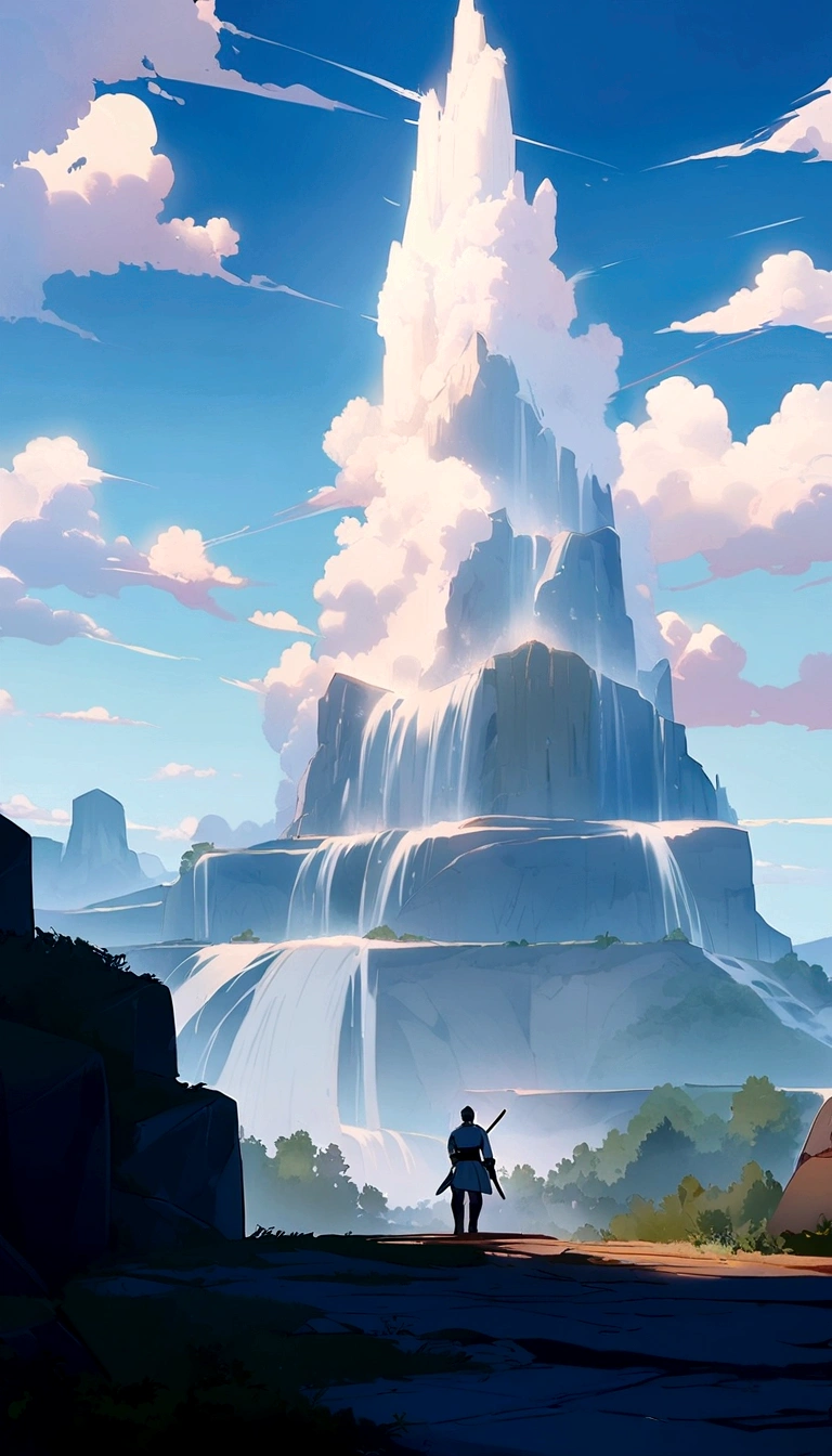 A mountain shrouded in fairy air,Crane,There is a waterfall,Anime style,The back of the swordsman
