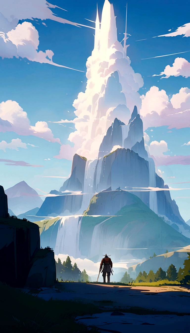 A mountain shrouded in fairy air,Crane,There is a waterfall,Anime style,The back of the swordsman