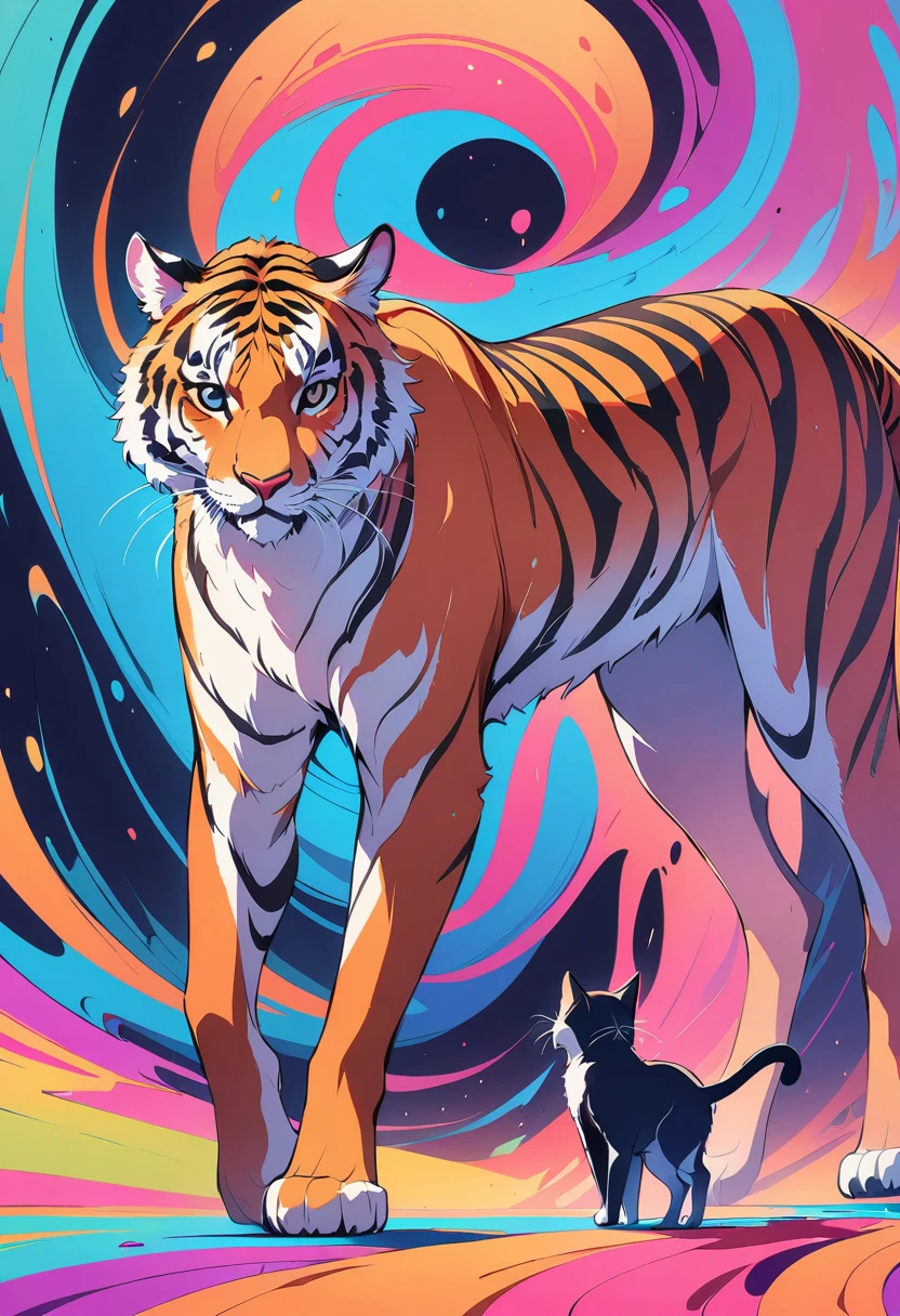 Super beautiful background,Clean background,abstract,Vibrant colors,a cat,walk,A blurry tiger in the background,The same posture,center of the universe