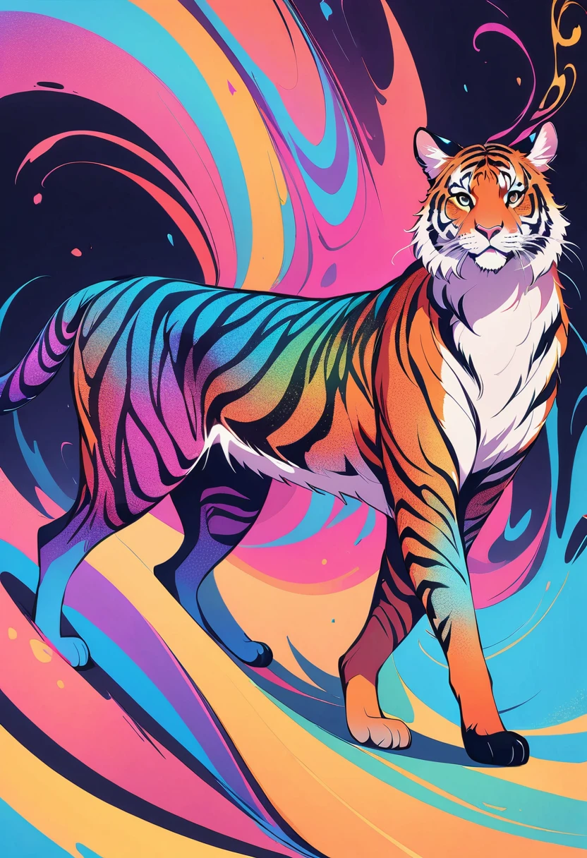 Super beautiful background,Clean background,abstract,Vibrant colors,a cat,walk,A blurry tiger in the background,The same posture,center of the universe