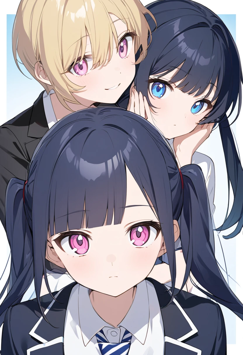 A young anime girl with long, straight, dark blue hair and light blue eyes. She is wearing a consisting of a white shirt, a red and white striped tie, and a black blazer with blue trim. Her bangs are long and side-swept, The background is a simple, light blue gradient.and A young anime girl with long, wavy blonde hair tied in twin tails and pink eyes. She is wearing a consisting of a white shirt, a red and white striped bow tie, and a black blazer with yellow trim. Her bangs are long and straight, framing her face.