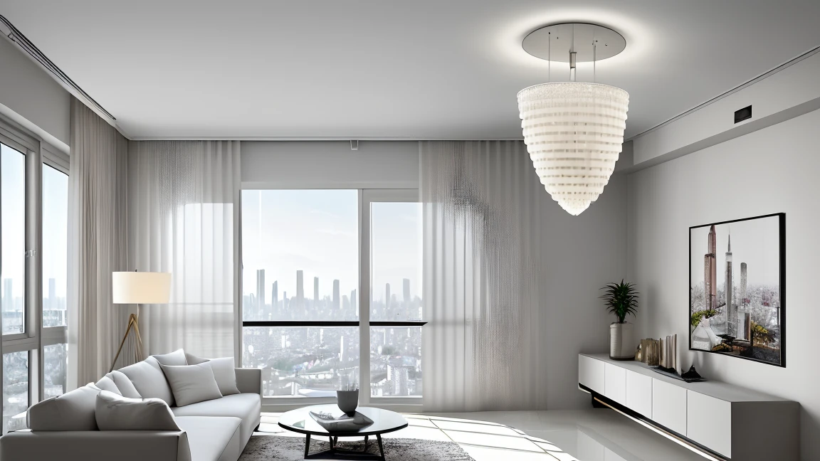 Detailed description of a modern apartment interior design with the following elements: * A white bed * A white sofa * A wine collection * A cityscape view of Tokyo's streets * A morning sky with a sunny atmosphere * A condominium-style living space * Urban context * A design poster on the wall * White wallpaper * A concrete floor * White curtains * A few potted plants * A pendant light fixture Please provide a vivid and detailed description of this scene, with a minimum of 16,000 characters, and highlight the beauty and elegance of the design." By modifying the prompt, I aimed to: 1. Clarify the concept of "modern apartment interior design