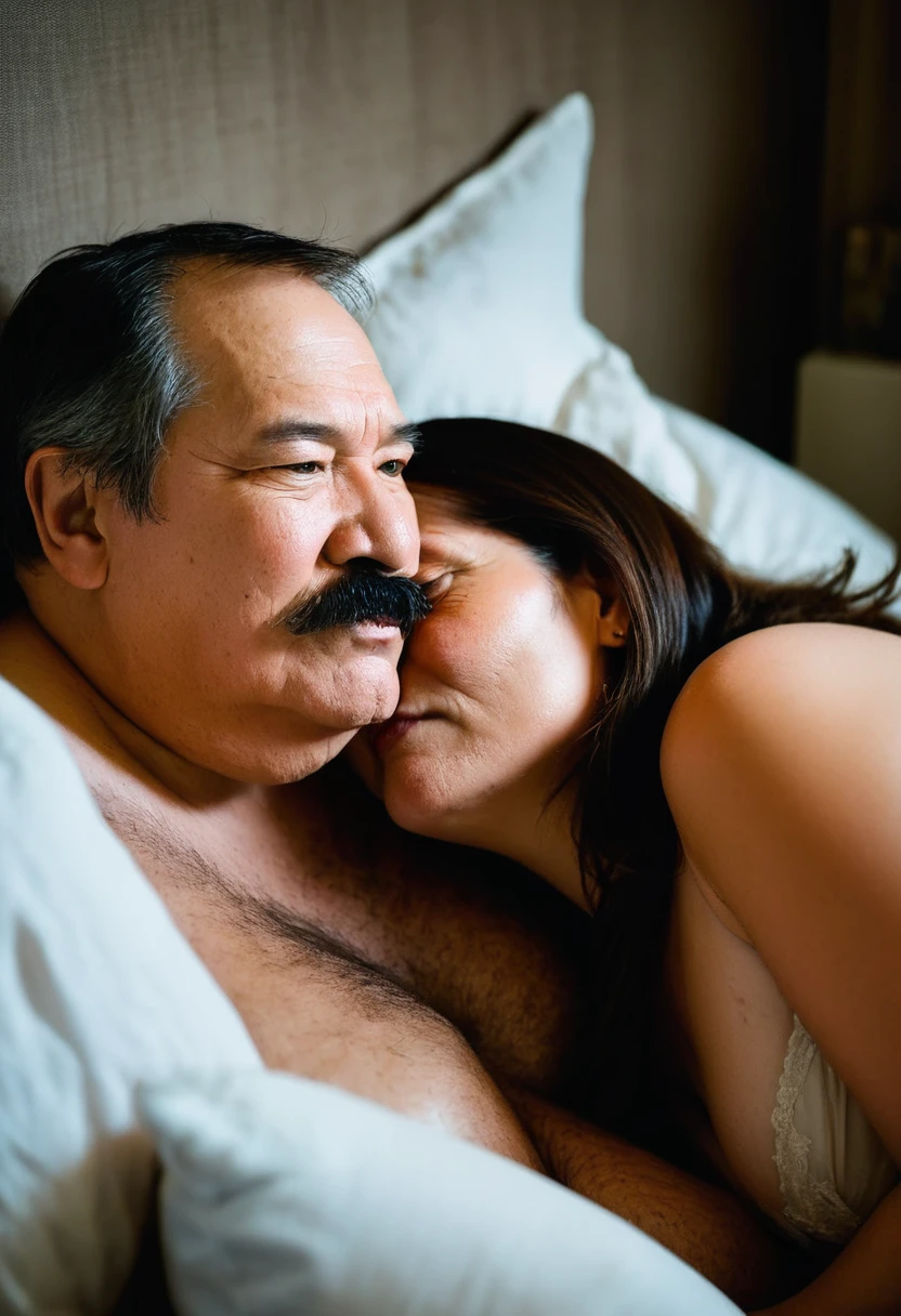 An Elderly Man 45 year old, extremely obese, receding hairline, extremely short stature, naked, mustache, is lying in bed, kissing his wife on the mouth. She returns the kiss with wild passion, holding his face intensely. The soft light from the bedside lamp creates an intimate and fiery atmosphere. The image focuses closely on their faces, highlighting the expressions of desire and deep love. The bedroom is decorated in neutral and soft tones, with pillows and blankets around them, emphasizing the intensity of the couple's connection