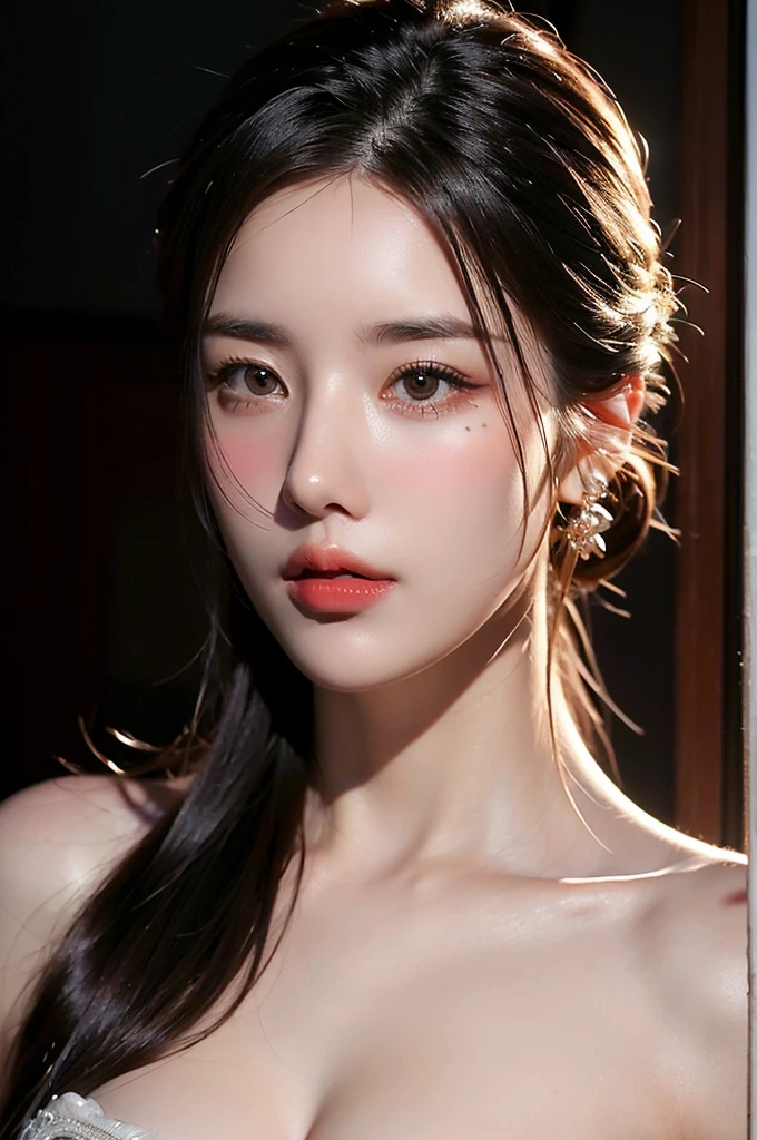 Beautiful woman with bare shoulders and ample breasts, photoRealistic, high quality, Intricate details, Chiaroscuro lighting, Dramatic lighting, Warm color palette, oil, Structure of the film, elegant, elegant, One girl, Beautiful attention to detail, Beautiful lip detail, Highly detailed faces and portraits, Long eyelashes, High Fashion, (最high quality,4K,8K,High resolution,masterpiece:1.2),Super detailed,(Realistic,photoRealistic,photo-Realistic:1.37)