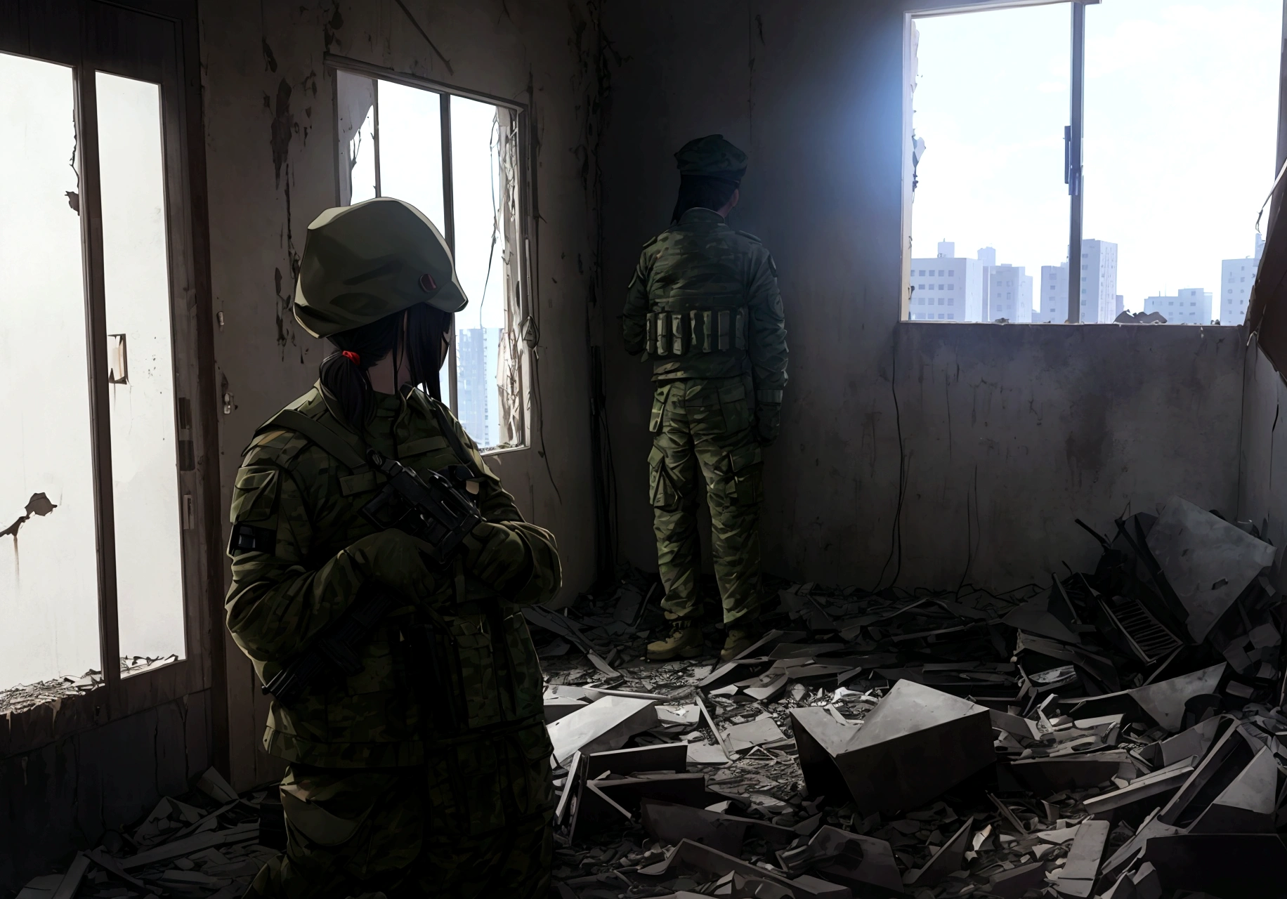 both soldiers standing together in a abandoned apartment building