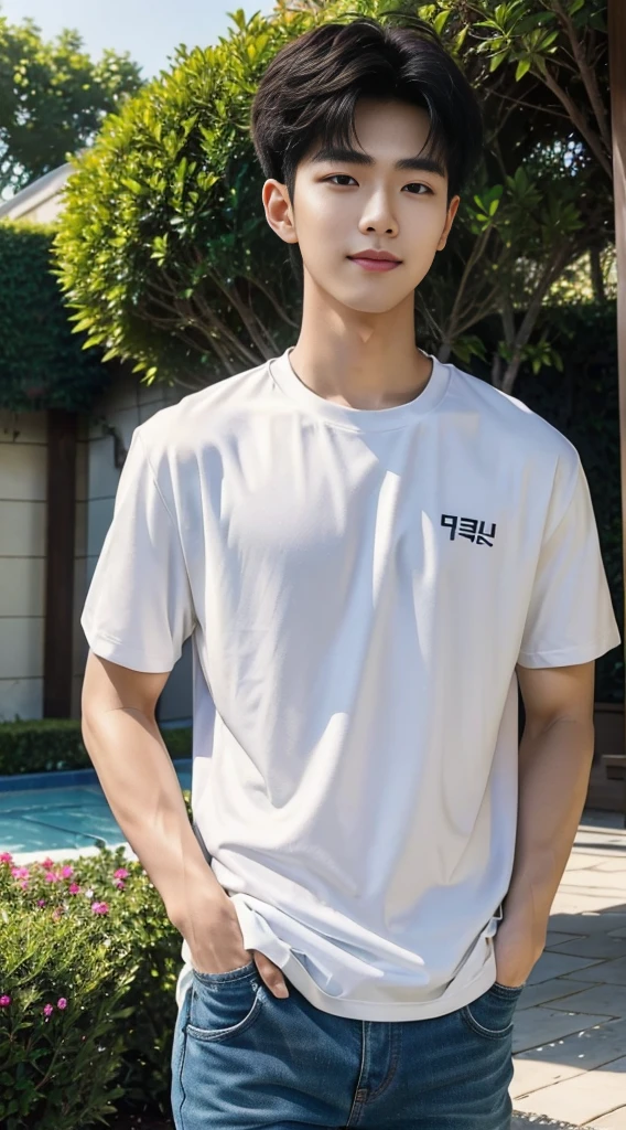 (As a matter of fact, Masterpiece, 8k HD, good light quality, sportswear, fit the face, complicated details), Handsome Korean young man, 20 years old, be happy, smile brightly, detailed face, delicate eyes, มองดูsky, Wear casual clothes, period, black eyes, Black hair color, ผมsmooth, smooth, outdoor sports, Along the garden, Sunny,sky,Surreal,Awesome details,Highest quality,real,