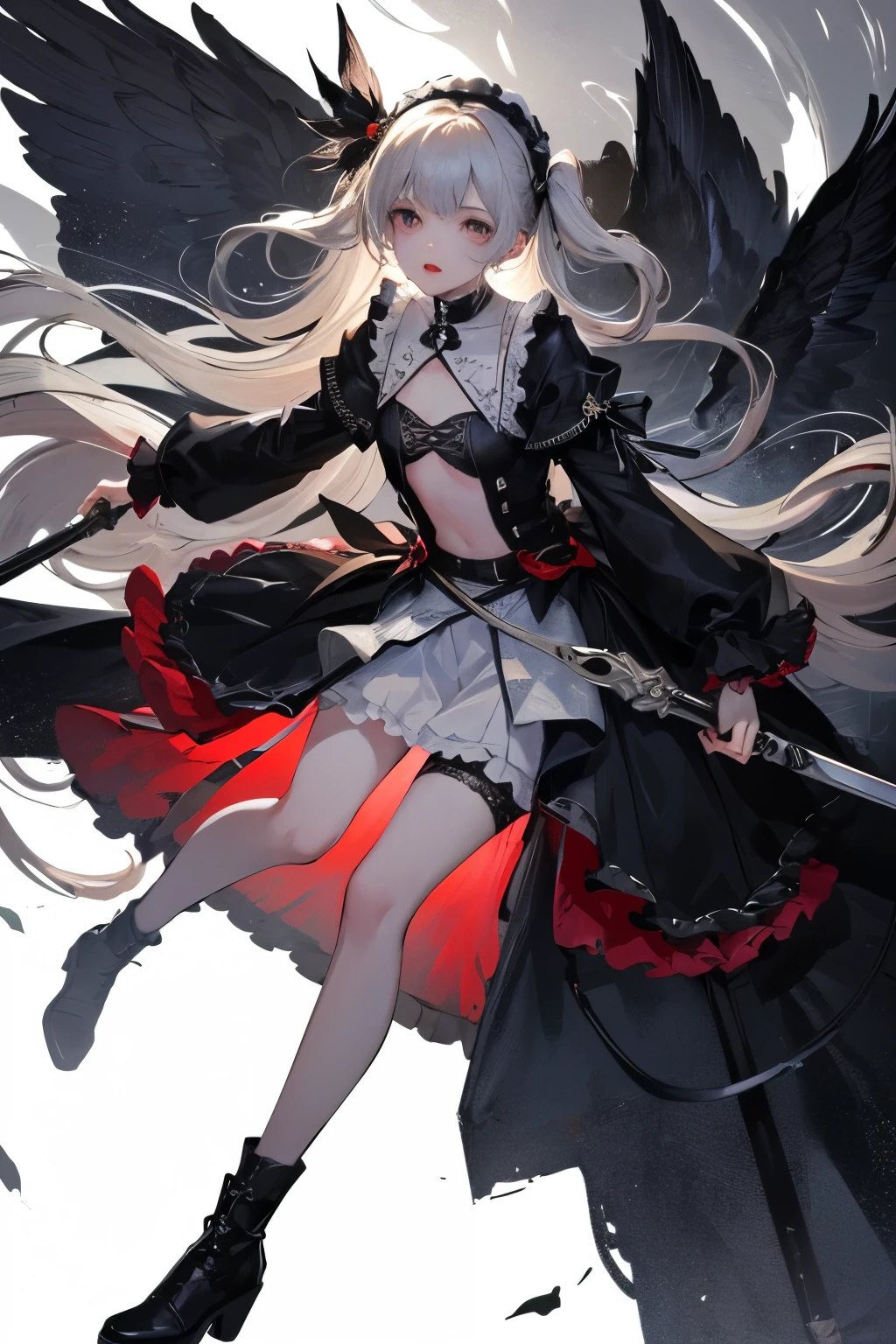  ((best quality)), ((masterpiece)), (detailed), very skinny, prominent collarbones, skinny arms, flat stomach, visible hip bones, red and white clothing, Bloodborne inspired, occult aesthetic, occult, detailed and intricate steampunk and detailed gothic, NSFW, Very dramatic and cinematic lighting, cosmic horror, grim-dark, side-lighting, perfect face, NSFW, Fluttering lace flared long knee length dress with frilly petticoats, knee length dress, pleated petticoats, lolita dress, petticoats gothic lolita, complex lace boots, side-lighting, gothic lolita aesthetic, wielding a mighty sword with mechanical components, carbine, NSFW, beautiful small breasts, small breasts, full body, whole body, body, NSFW, full body, whole body, head-to-toe NSFW 
