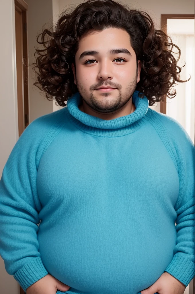 create the image of a chubby man with beautiful brown eyes, full of curls in his hair, wearing a fluffy blue sweater