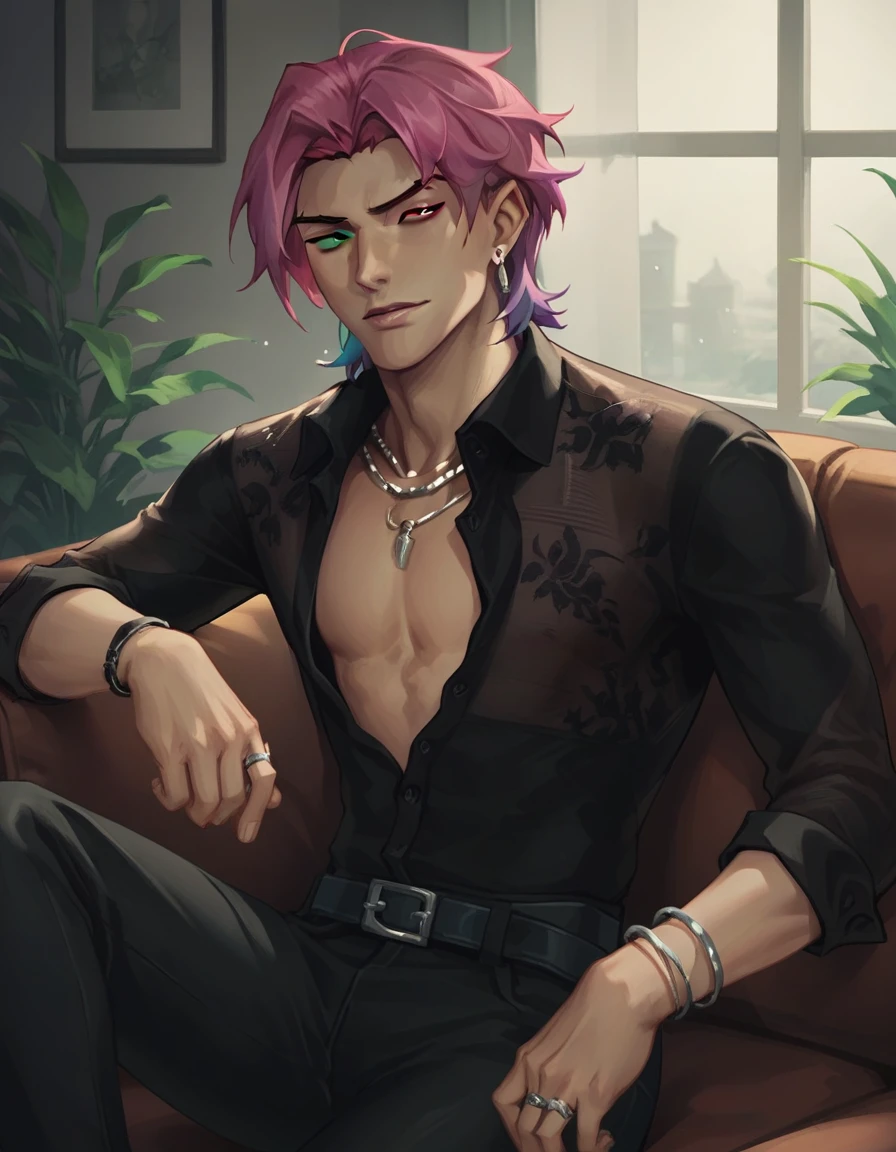 score_9, score_8_up, score_7_up, hs kayn, solo, looking at viewer, shirt, 1boy, jewelry, sitting on sofa, upper body, pink hair, male focus, earrings, open clothes, collared shirt, belt, pants, necklace, bracelet, black shirt, open shirt, dress shirt, black pants, ring, pectorals, belt buckle, pectoral cleavage, heterochromia, green eyes, red eyes, 
zPDXL, indoors, night