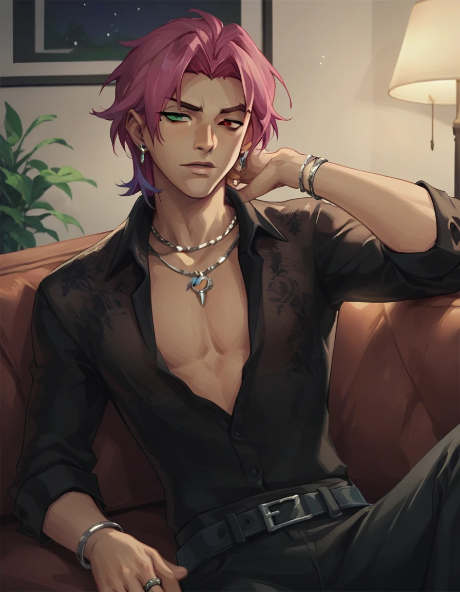 score_9, score_8_up, score_7_up, hs kayn, solo, looking at viewer, shirt, 1boy, jewelry, sitting on sofa, upper body, pink hair, male focus, earrings, open clothes, collared shirt, belt, pants, necklace, bracelet, black shirt, open shirt, dress shirt, black pants, ring, pectorals, belt buckle, pectoral cleavage, heterochromia, green eyes, red eyes, 
zPDXL, indoors, night