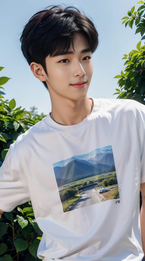 (As a matter of fact, Masterpiece, 8k HD, good light quality, sportswear, fit the face, complicated details), Handsome Korean young man, 20 years old, be happy, smile brightly, detailed face, delicate eyes, มองดูsky, Wear casual clothes, period, black eyes, Black hair color, ผมsmooth, smooth, outdoor sports, Along the garden, Sunny,sky，Surreal，Awesome details，Highest quality，real，