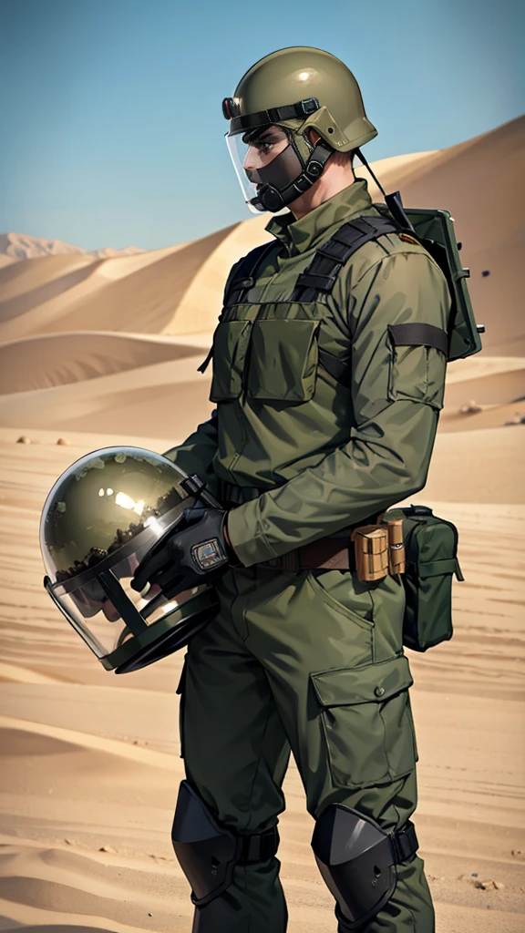 olive green armed guard with helmet and riot shield looking angry at me in desert