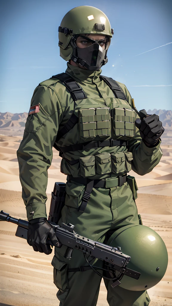 olive green armed guard with helmet and riot shield looking angry at me in desert