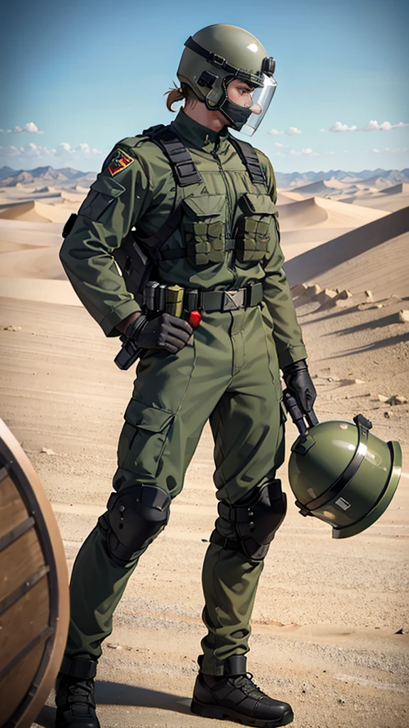 olive green armed guard with helmet and riot shield looking angry at me in desert