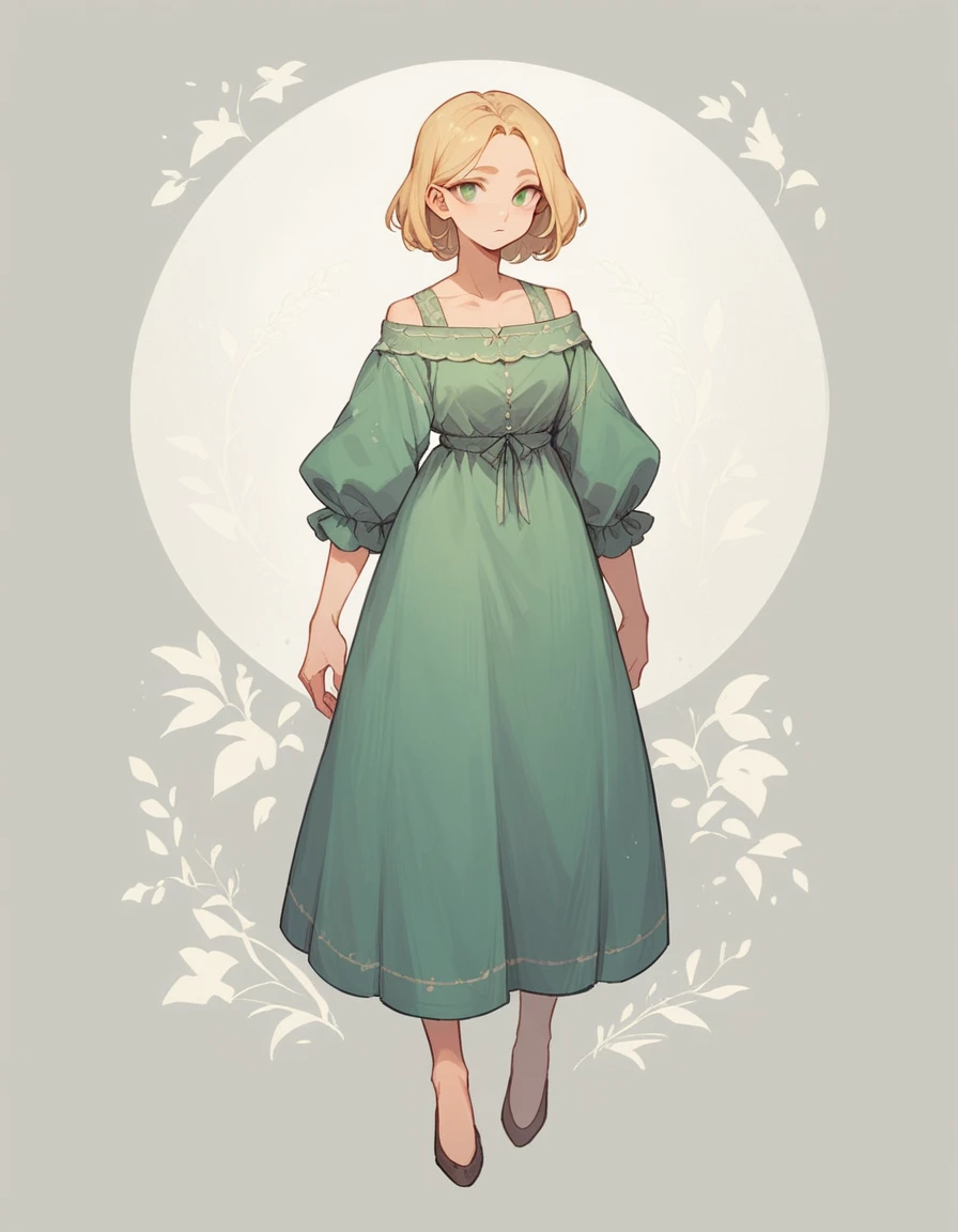 A beautiful, extremely detailed and dynamic girl with stinking green eyes, and blonde medium hair, wearing a casual room wear, standing against a simple, plain white background with thick outlines, full body portrait, facing forward, looks like she's playing a game