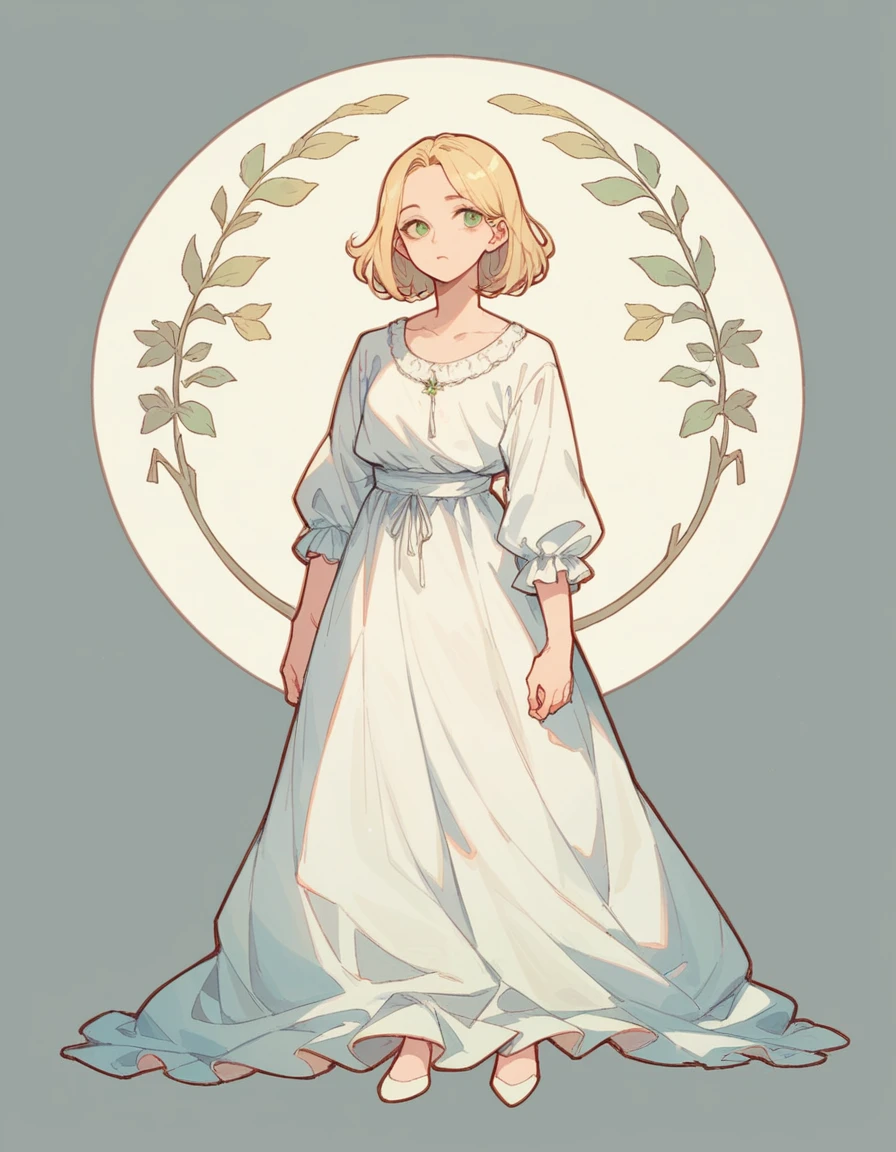 A beautiful, extremely detailed and dynamic girl with stinking green eyes, and blonde medium hair, wearing a casual room wear, standing against a simple, plain white background with thick outlines, full body portrait, facing forward, looks like she's playing a game