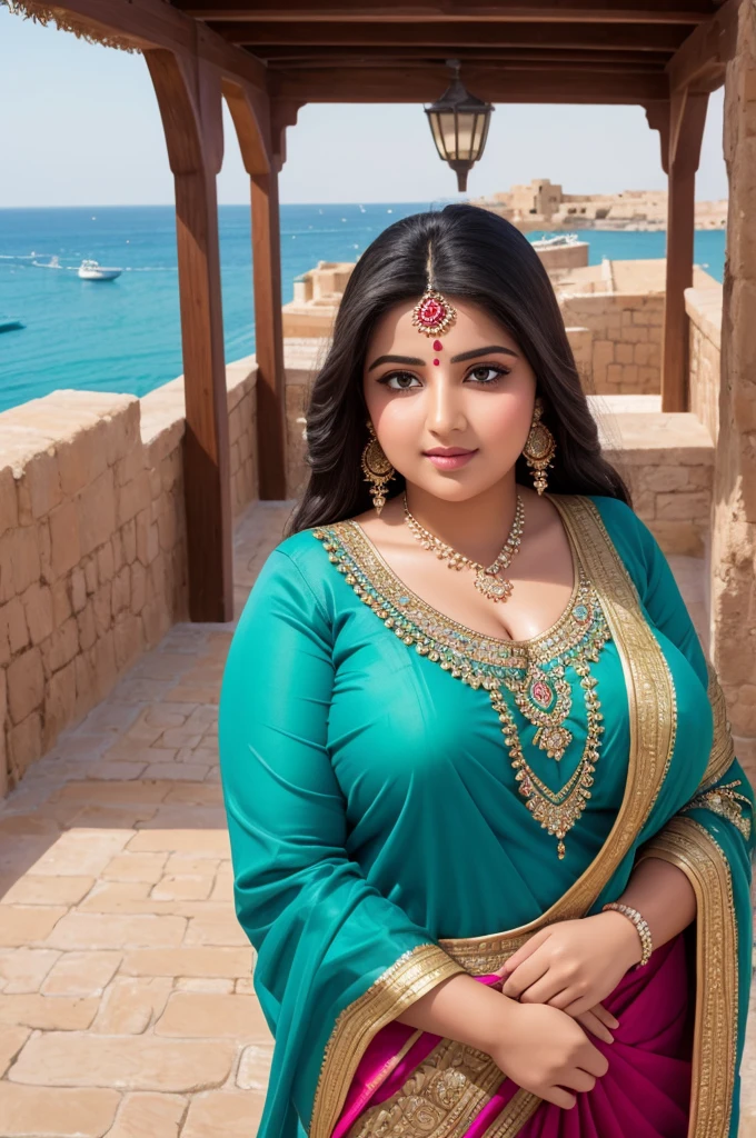 1 Heavenly beautiful and goddess beauty cute and sweet looking face Arabian woman in Popeye Village, Malta, Heavenly beautiful Overweight, Heavenly beautiful Extremely fat, Heavenly beautiful and attractive Chubby figure , Heavenly beautiful looking and eye catching luxury style traditional Indian saree , reaching out, Heavenly beautiful Arabian woman, 16k, High resolution, masterpiece, highest quality, fine skin, outside view, Realistic Photograph, close up figure view