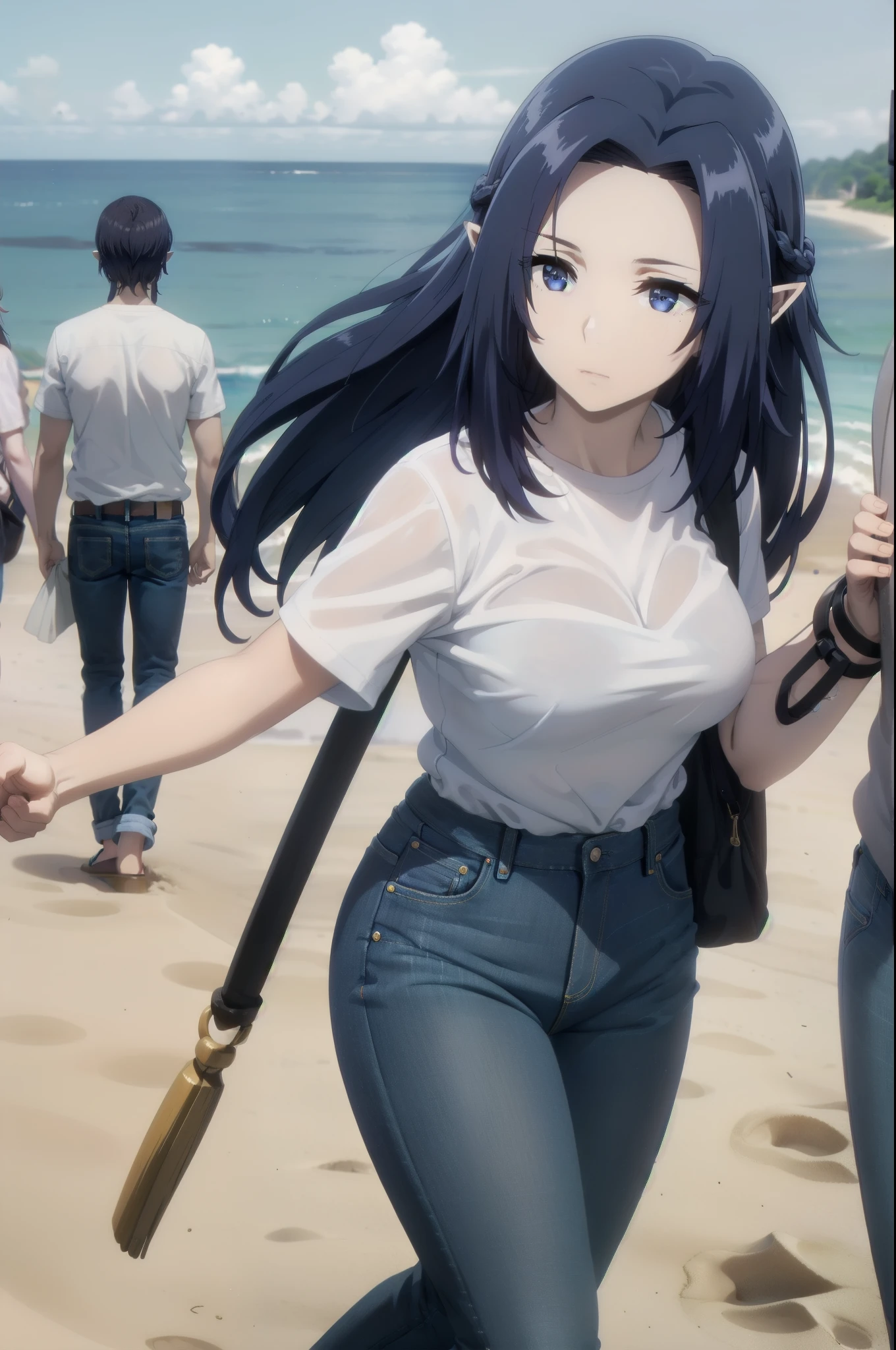 ,dark blue hair,,long hair,blue eyes,pointy ears,elf,(((white shirt,jeans,clavage))),on the beach