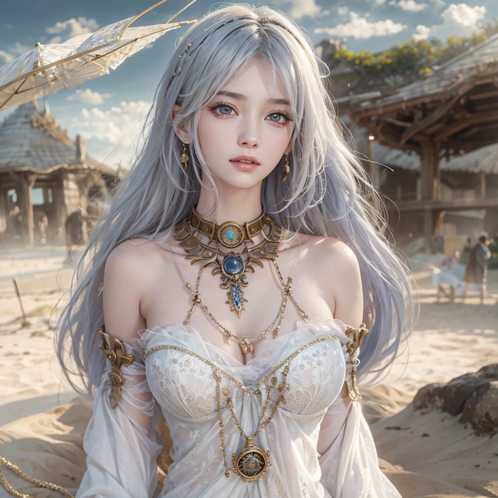 (masterpiece:1.3), (8K, Realistic, RAW Photos, Best image quality: 1.4), Fair-skinned fairy woman、Long Hair、Cleavage:2.0、Highly detailed face、Attention to detail、double eyelid、Chest to chest、Sharp focus:1.2、Beautiful woman:1.4、Silvery white hair、Highest quality、masterpiece、Ultra-high resolution、(Realistic:1.4)、Highly detailed and professionally lit smiles、Loose, Light, steampunk、Shoulder out、thin、Serious expression、Short-haired、Deadly position, One person、whole body,Walking on the beach、Gorgeous Necklace, Reptile Eyes:1.5