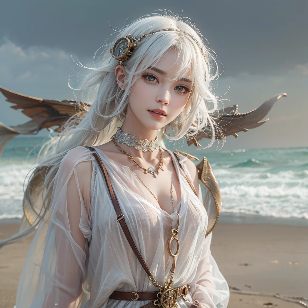 (masterpiece:1.3), (8K, Realistic, RAW Photos, Best image quality: 1.4), Fair-skinned fairy woman、Long Hair、Cleavage:2.0、Highly detailed face、Attention to detail、double eyelid、Chest to chest、Sharp focus:1.2、Beautiful woman:1.4、Silvery white hair、Highest quality、masterpiece、Ultra-high resolution、(Realistic:1.4)、Highly detailed and professionally lit smiles、Loose, Light, steampunk、Shoulder out、thin、Serious expression、Short-haired、Deadly position, One person、whole body,Walking on the beach、Gorgeous Necklace, Reptile Eyes:1.5