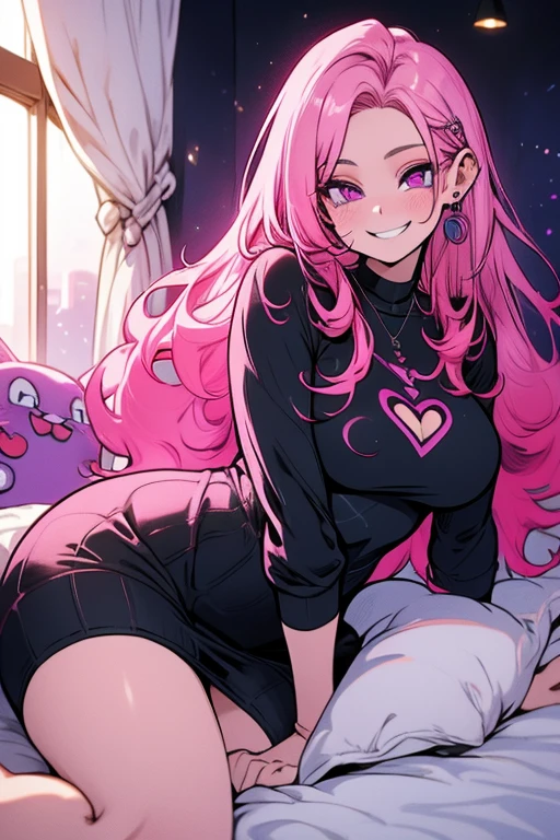 Perfect face, Perfect hands. A pink haired woman with violet eyes and an hourglass figure in a sweatshirt dress is laying in bed with a smile.