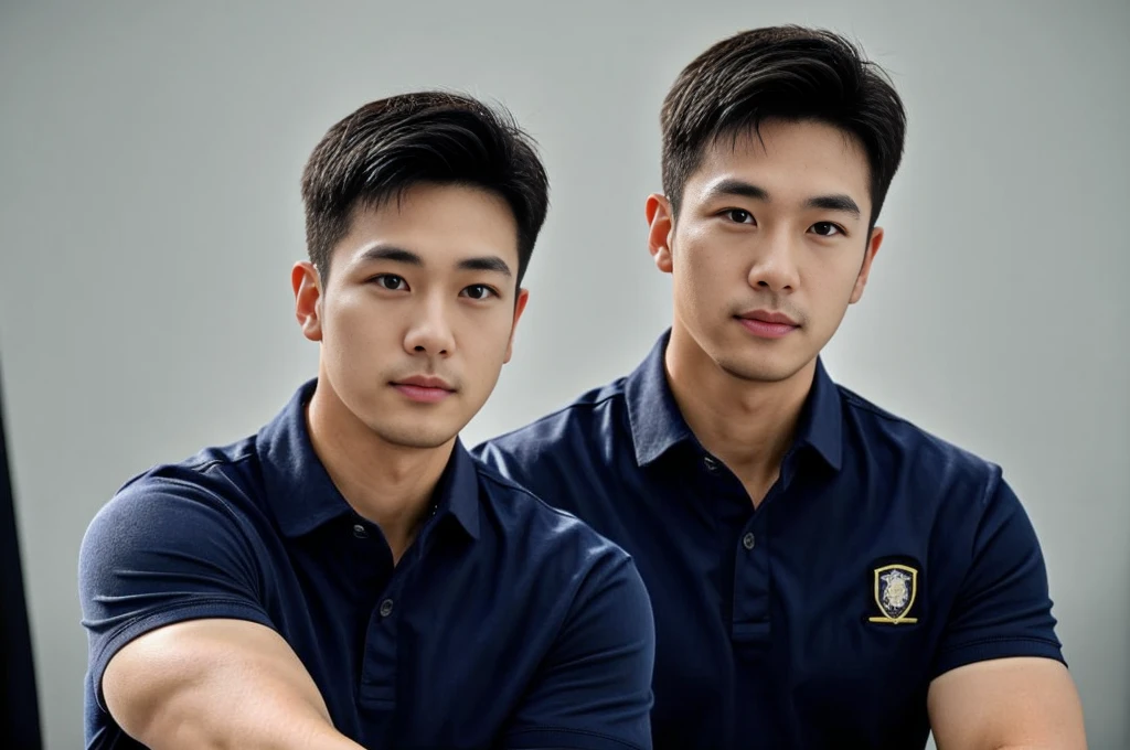 A male police officer in his 20s poses for a group photo., Wear a navy blue polo shirt., high resolution, Masterpiece, best quality, head:1.3,, Smooth and fine skin, clear focus, (movie light), during the night, gentle light, Dynamic angle, (detailed face:1.2), (((exercise))), sport, His arm muscles were very big., hand in crotch, in his office