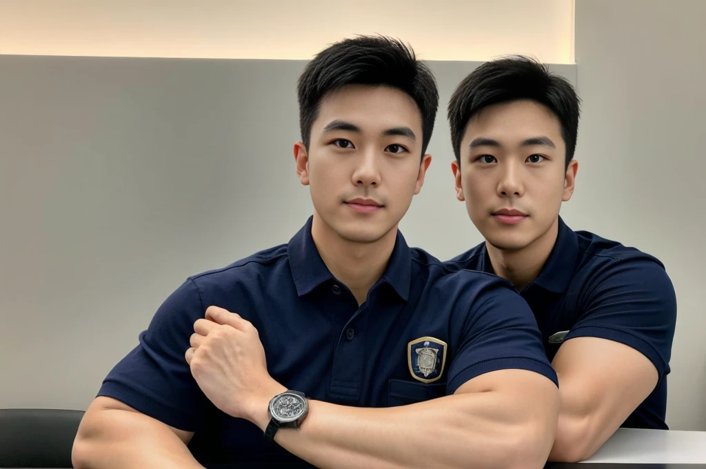 A male police officer in his 20s poses for a group photo., Wear a navy blue polo shirt., high resolution, Masterpiece, best quality, head:1.3,, Smooth and fine skin, clear focus, (movie light), during the night, gentle light, Dynamic angle, (detailed face:1.2), (((exercise))), sport, His arm muscles were very big., hand in crotch, in his office