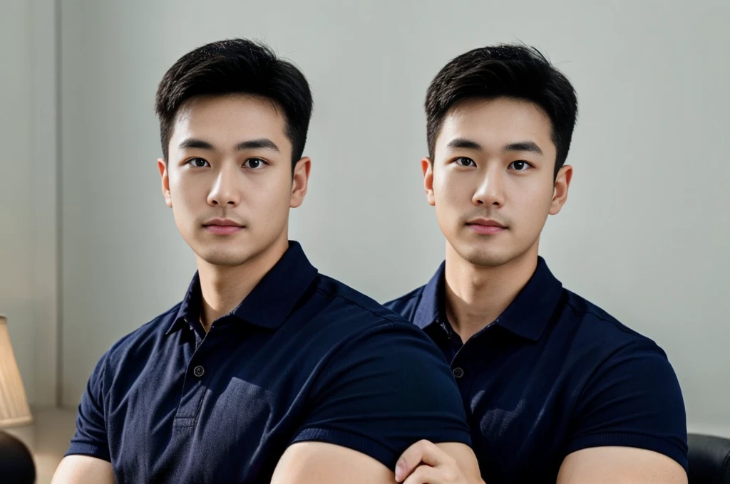 A male police officer in his 20s poses for a group photo., Wear a navy blue polo shirt., high resolution, Masterpiece, best quality, head:1.3,, Smooth and fine skin, clear focus, (movie light), during the night, gentle light, Dynamic angle, (detailed face:1.2), (((exercise))), sport, His arm muscles were very big., hand in crotch, in his office